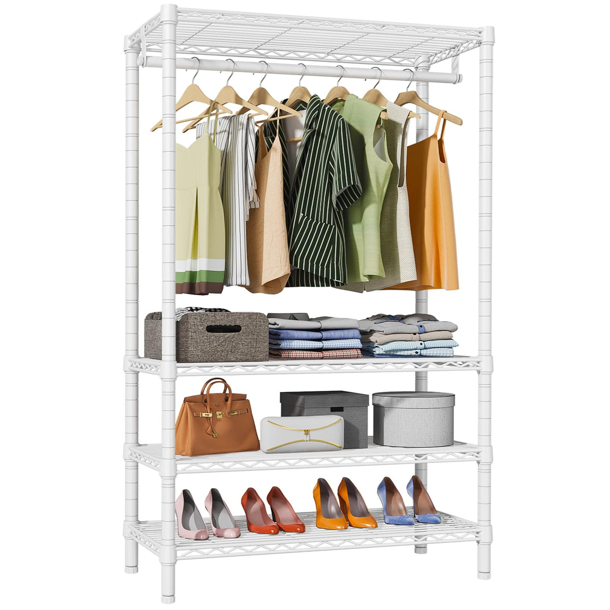 V1 4-Tier Clothes Rack with Hanging Rod, Freestanding Closet, White