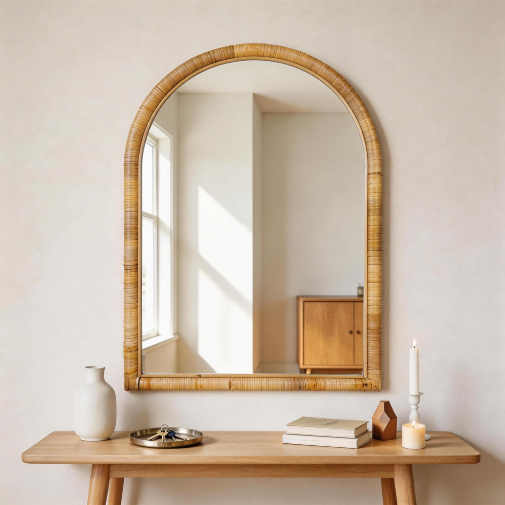 Rattan Wall Mirror, 36 x 24 - Boho Style (Natural Rattan Frame)