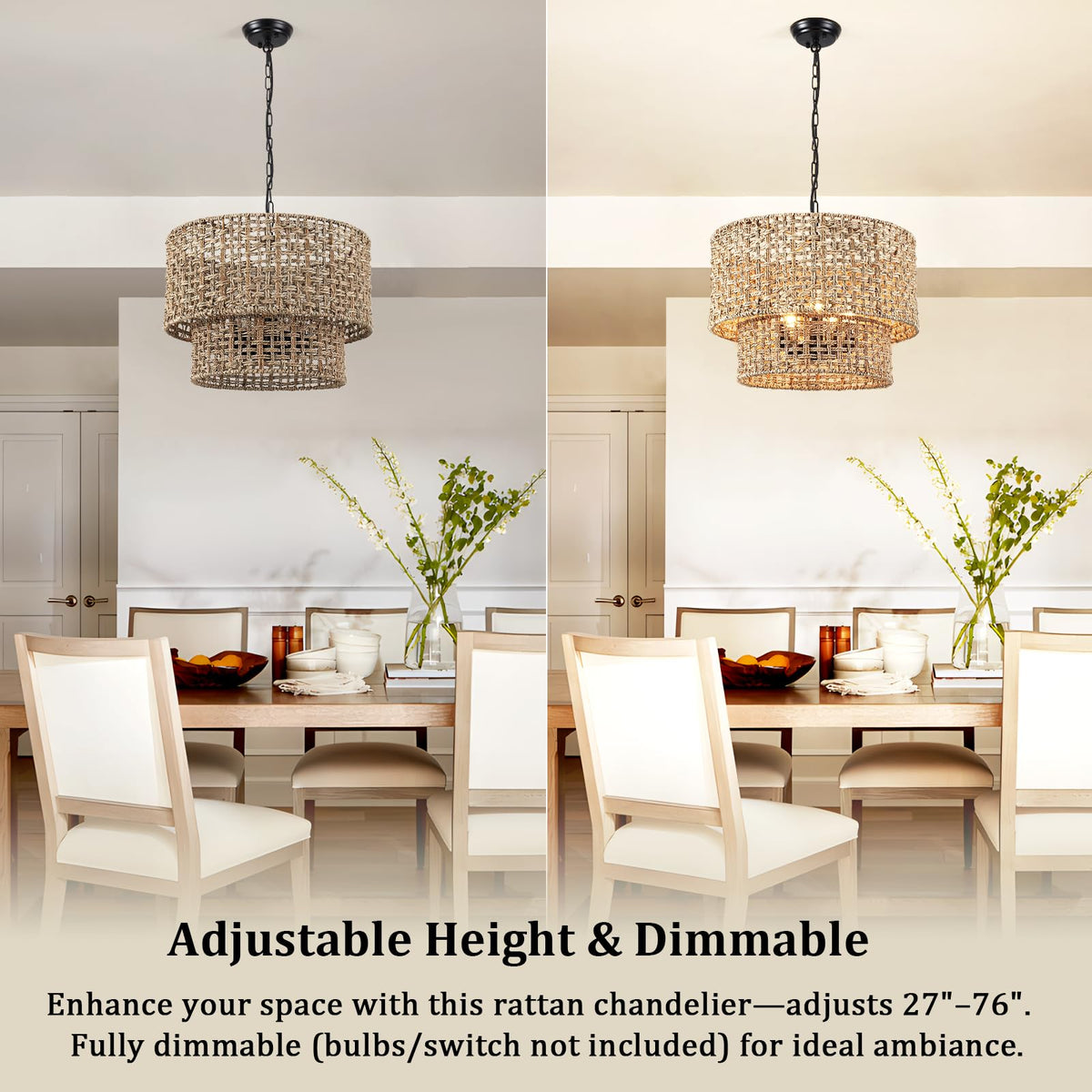 18.9" Boho Rattan Chandelier Light Fixture 5-Light Large Hand Woven Rustic Chandeliers Drum Wicker Farmhouse Hanging