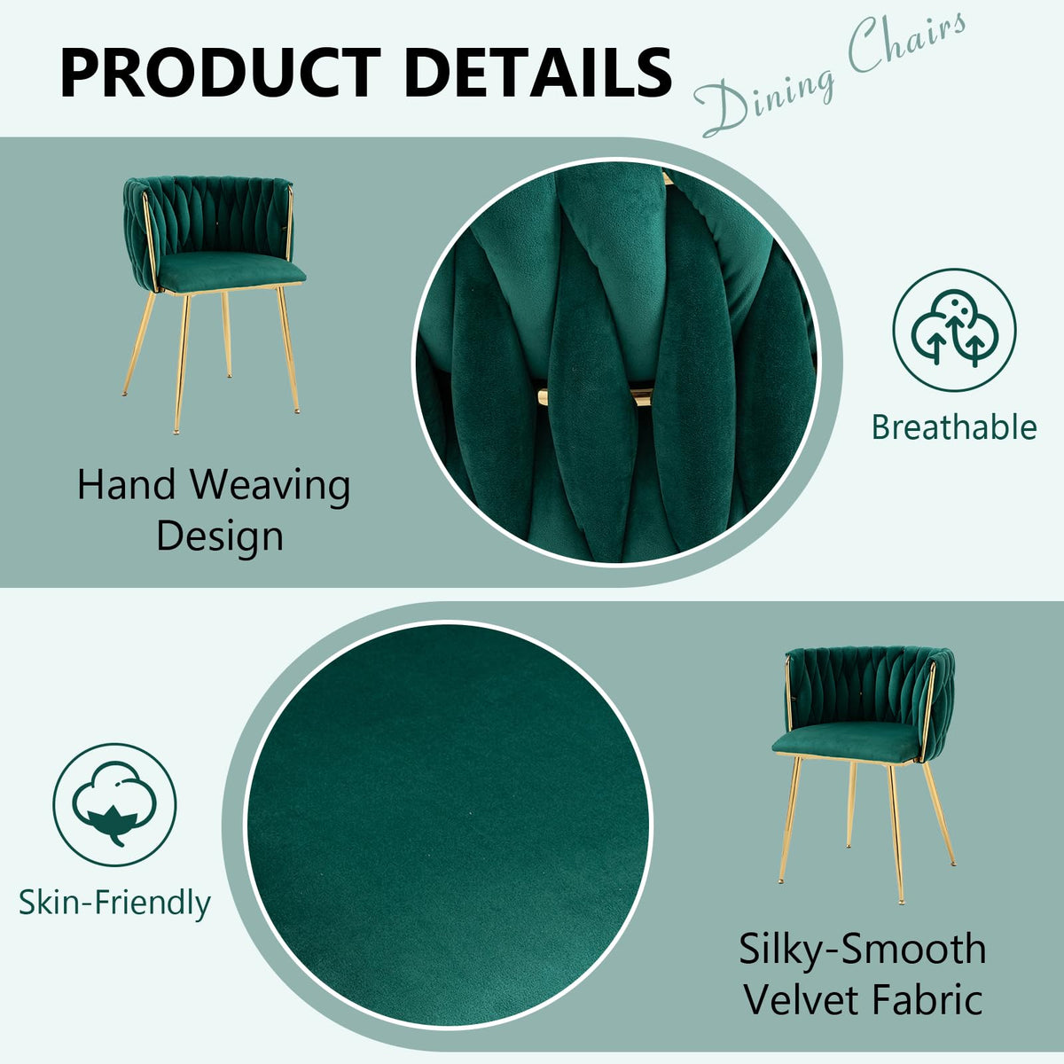 Velvet Dining Chairs Set of 4, Woven Upholstered Kitchen Chairs