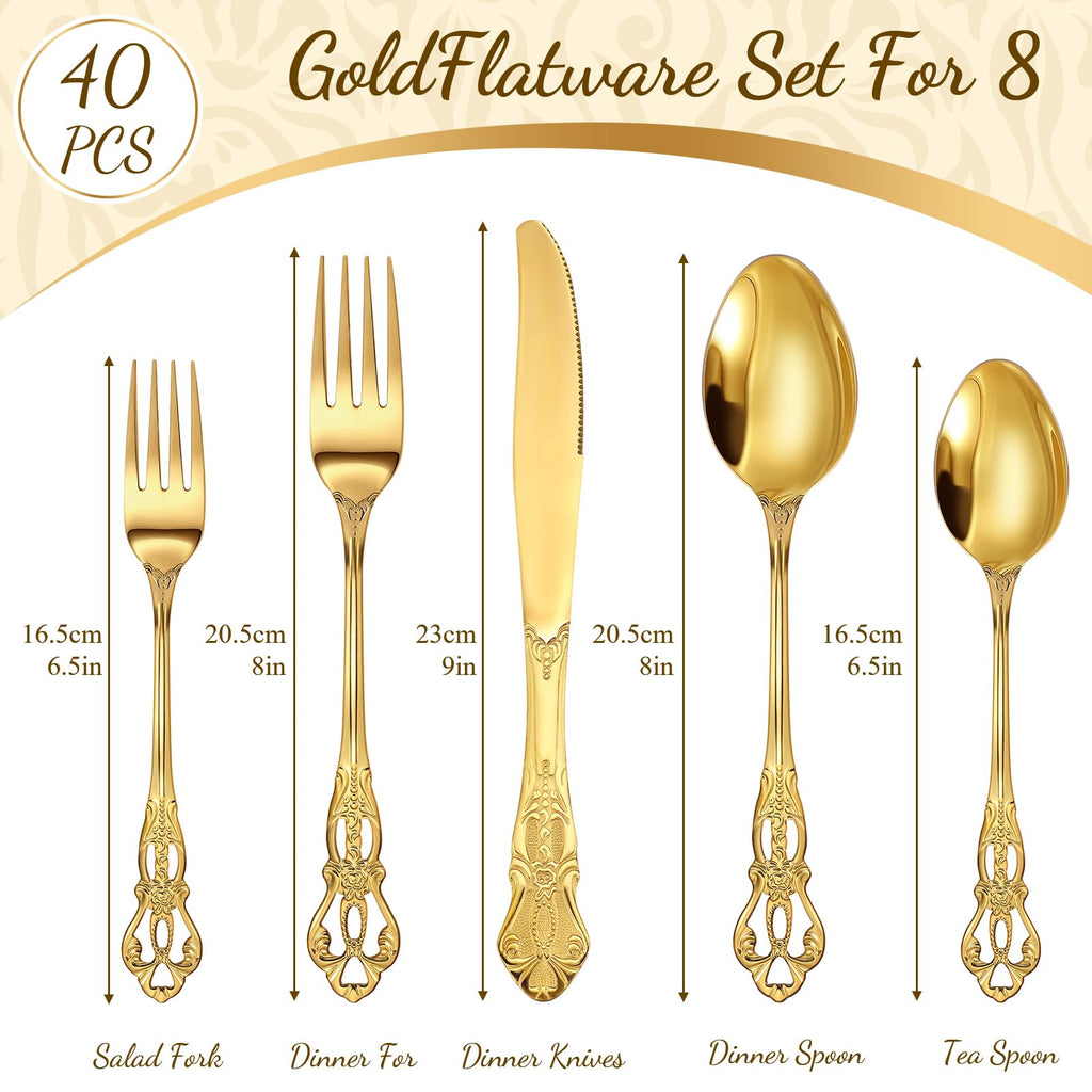 40 Pcs Gold Stainless Steel Flatware Set, Retro Vintage Silverware with Forks Spoons Knives Mirror Polished Cutlery