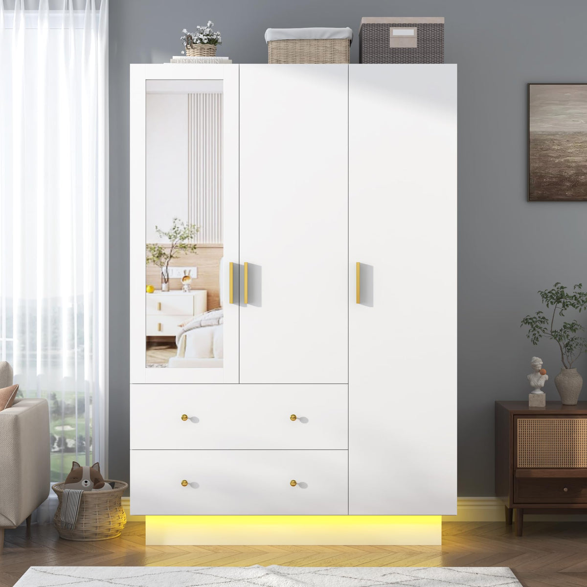 3 Doors Armoire Wardrobe Closet with Mirror, LED Armoire with Doors and Drawers, Wooden Wardrobe Storage Cabinet with