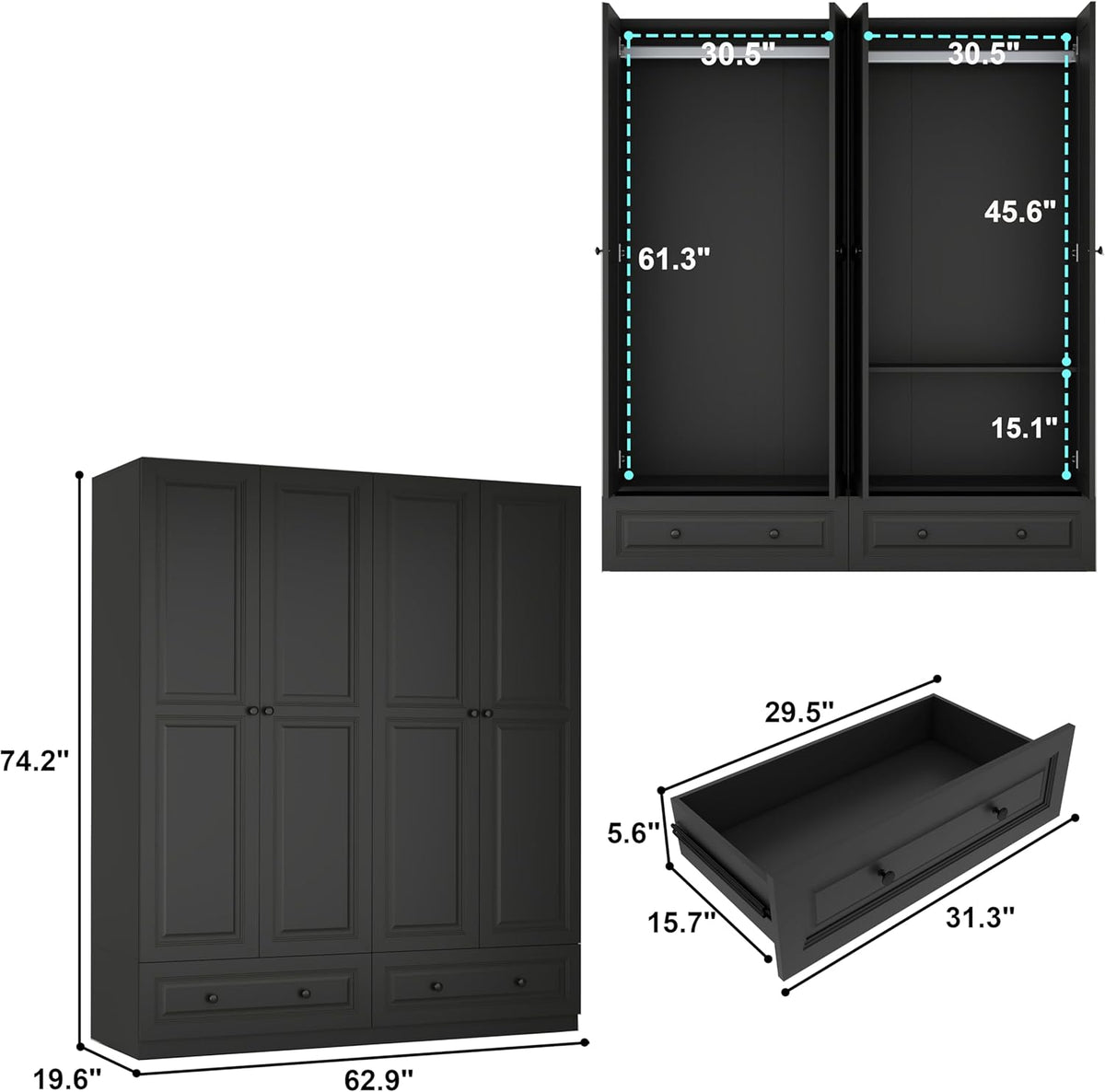 Armoire Wardrobe Closet with Drawers: 74" Black Wardrobe Closet with 4 Doors, Bedroom Armoires with 2 Drawers, Wood