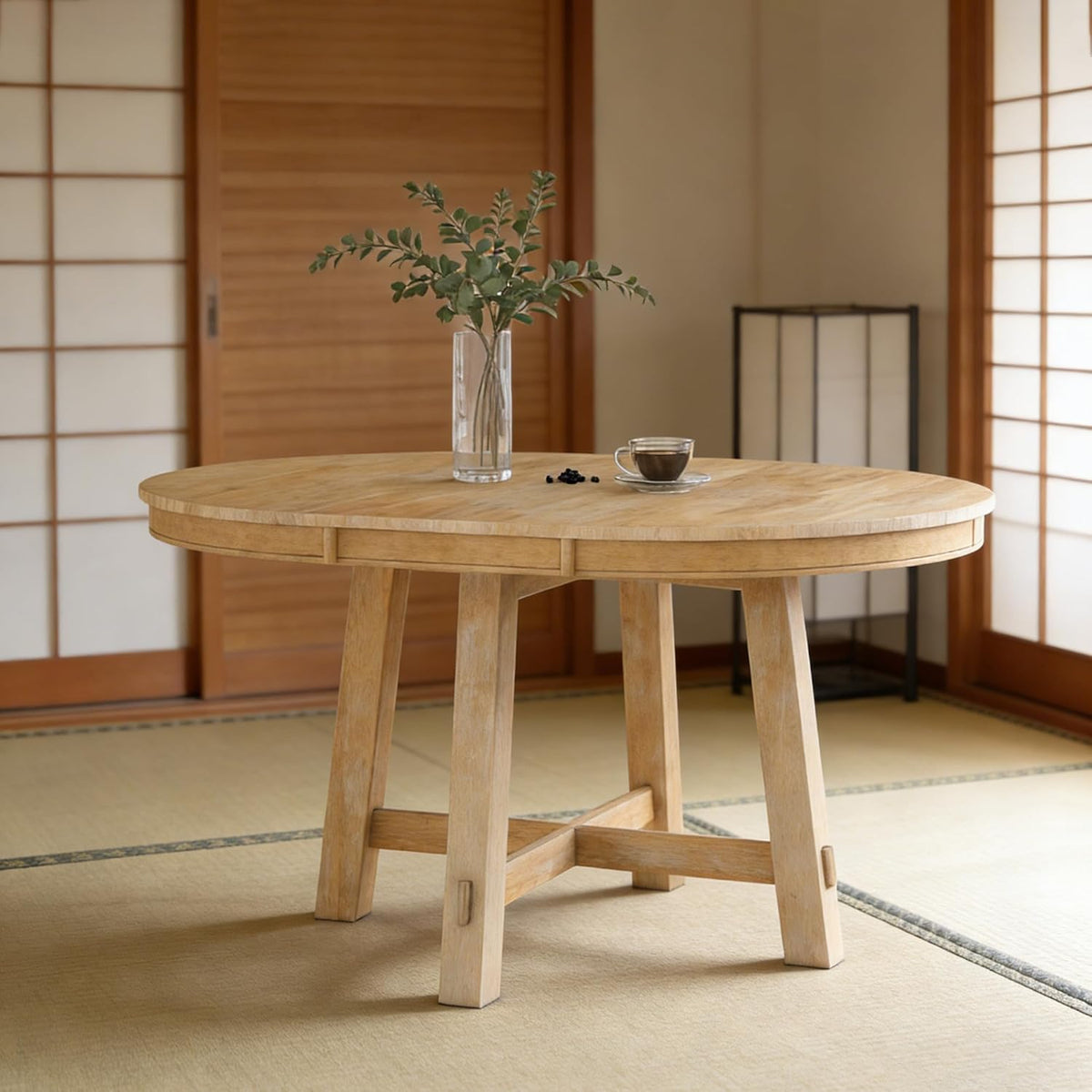 42"-58" Extendable Dining Table for 4-6, Solid Wood Oval Dining Kitchen Table with Removable Leaf, Farmhouse Circle