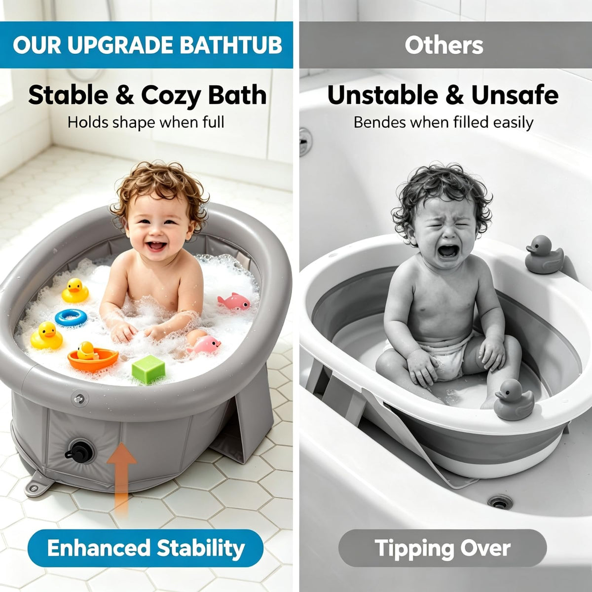 Bathtub for Newborn to Toddlers 1-6 Y, Foldable Infants Babies Bath Tub with Non-Slip Base and Drain Plug, Portable
