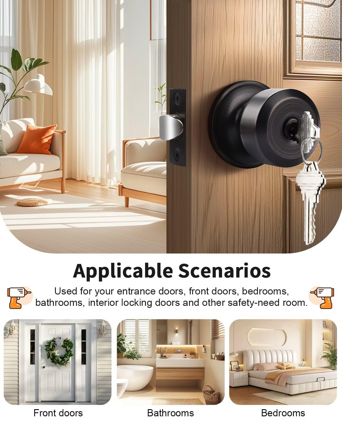 Keyed Alike Entry Door Knobs, Oil Rubbed Bronze Cylindrical Shape Interior Door Knobs with Lock and Keys, 3 Pack