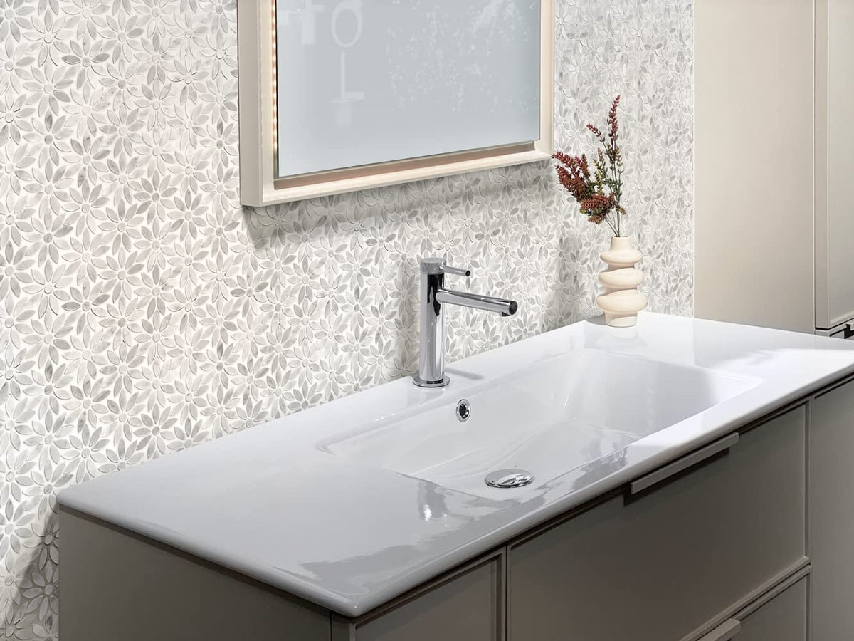Flower Pattern Marble Mosaic Tile - 4.46 sq ft Box of 5 Sheets - White Gray Bianco Carrara Polished 10.7x12 in Mesh