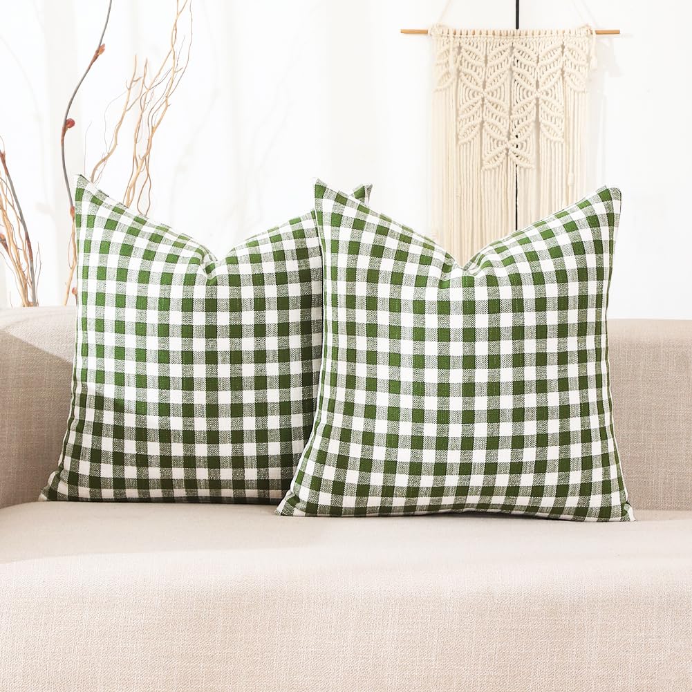 Spring Outdoor Sage Green Gingham Plaid Throw Pillow Covers 20x20 Set of 2