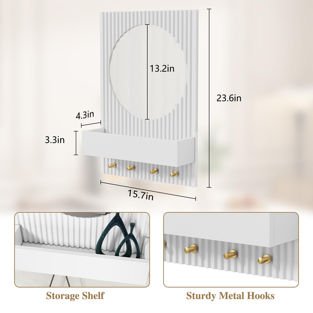 Wood Wall Mirror with Shelf&Hooks, 24"x16" White Wall-Mounted Mirrors with Streamlined Texture Hanging Decorative