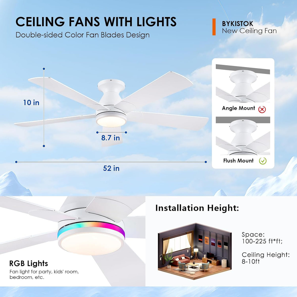 52" White Flush Mount Ceiling Fan with Light & Remote
