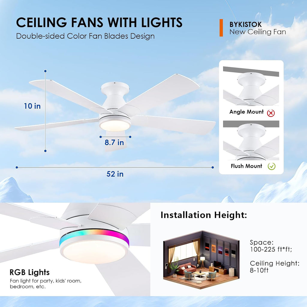 52" White Flush Mount Ceiling Fan with Light & Remote