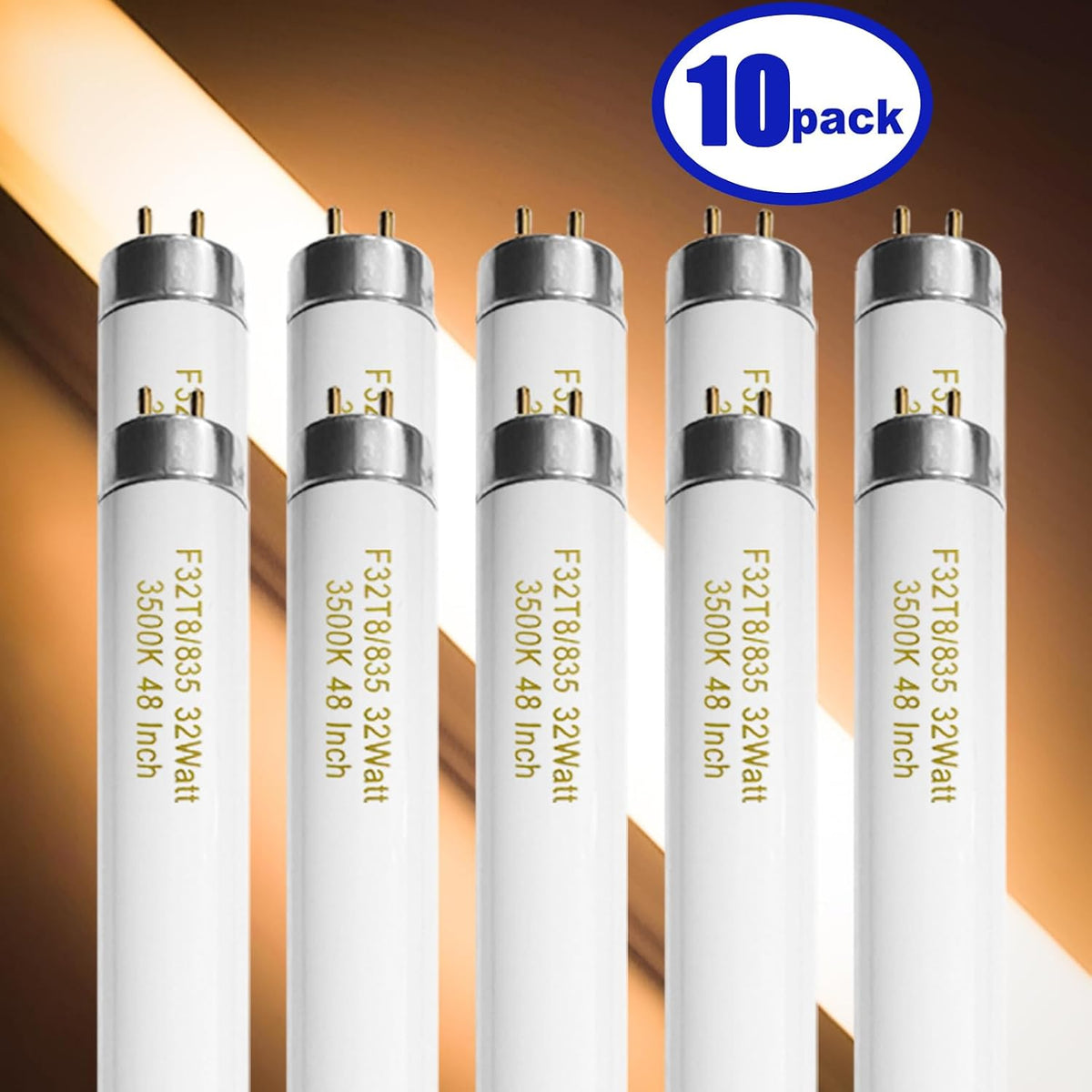 10 Pack, F32T8/835 32W T8 Fluorescent Tube Light Bulb 48 Inch, 3500K Warm White, 4 Foot Fluorescent Bulbs, G13 Medium