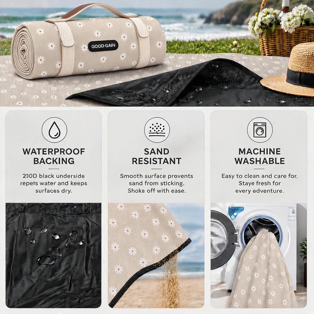 Picnic Blanket Waterproof Outdoor Machine Washable, Whiteflower