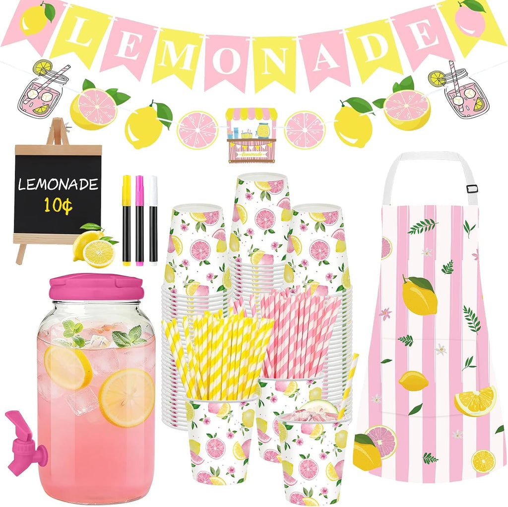 Pink Lemonade Stand Supplies with 1 Gallon Plastic Drink Dispenser - Set of 208