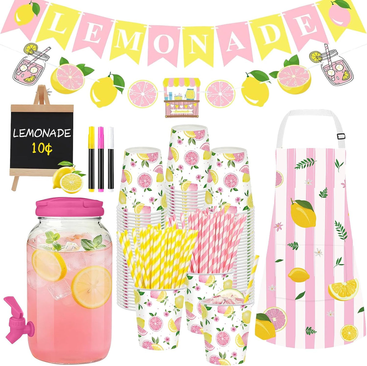 Pink Lemonade Stand Supplies with 1 Gallon Plastic Drink Dispenser - Set of 208