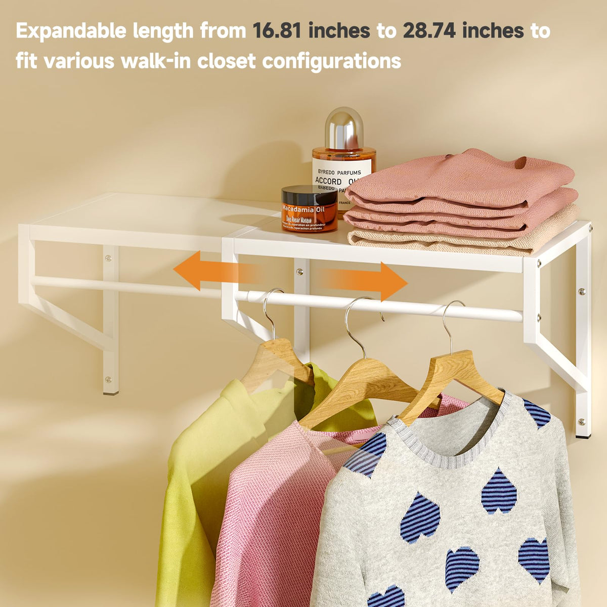 Expandable Closet Shelves Wall Mounted, 2 Pack Closet Shelving with Hanging Rods, Wall Shelving for Walk-in Closet