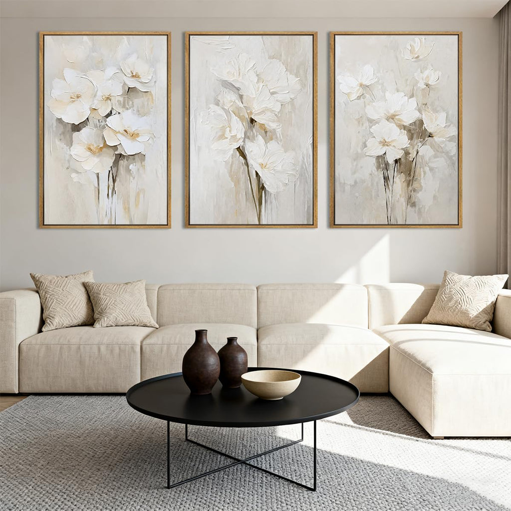 Extra Large Beige Floral Framed Wall Art 24x36 Inch Neutral White Flower Canvas Wall Art Farmhouse Wildflower