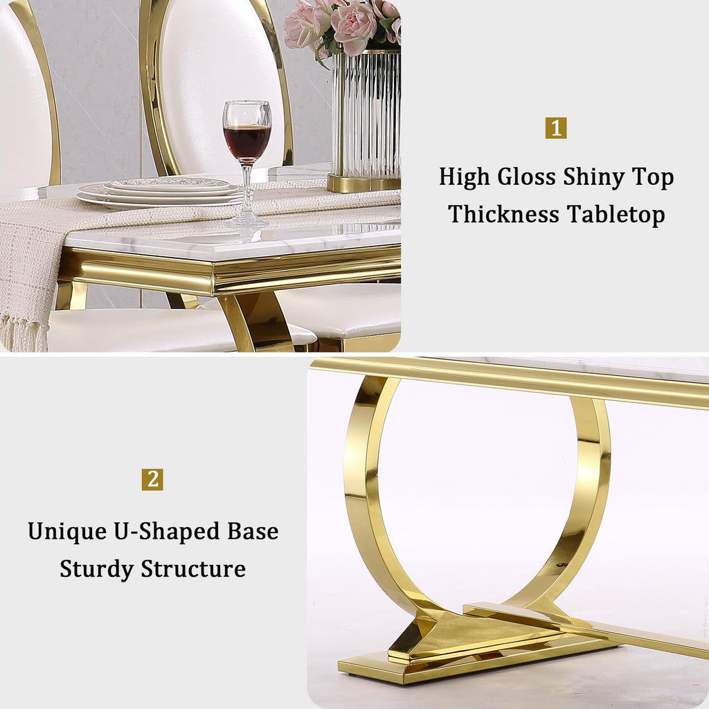 White and Gold Dining Table, Luxury 70" Faux Marble Dining Room Table with High Gloss White Top and Gold Metal U-Base
