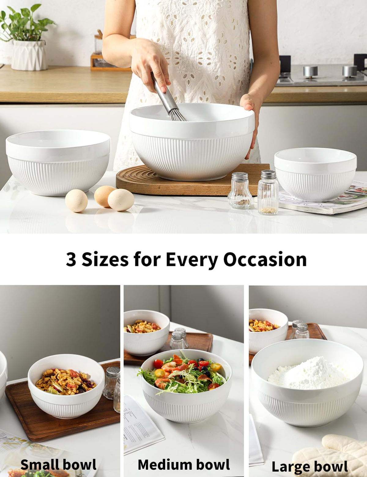 Large Ceramic Mixing Bowls, White Kitchen Bowls (1QT/2.3QT/4.6QT), Set of 3 Nesting Bowls for Baking, Cooking