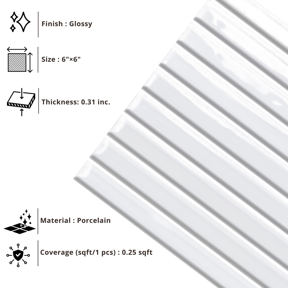 Ice White 6x6 Glossy Porcelain KitKat 3D Ribbed Wall Tile, Modern Nordic Textured Decorative Tile Backsplash