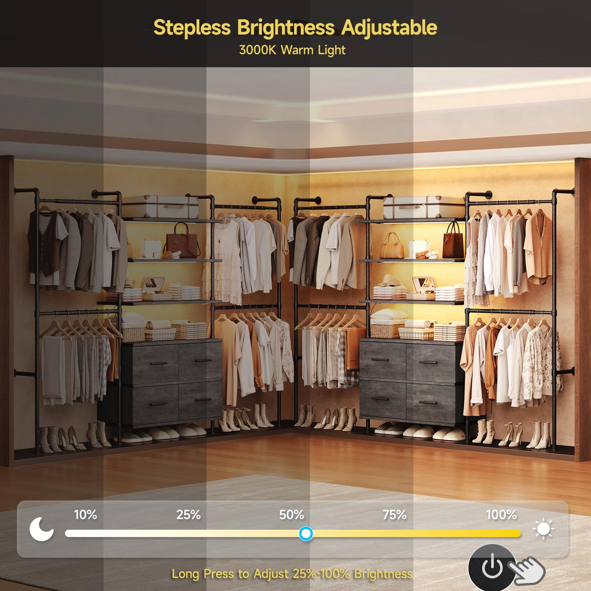 T4 Closet System with Stepless Dimmable LED Light (Black Gray Oak)