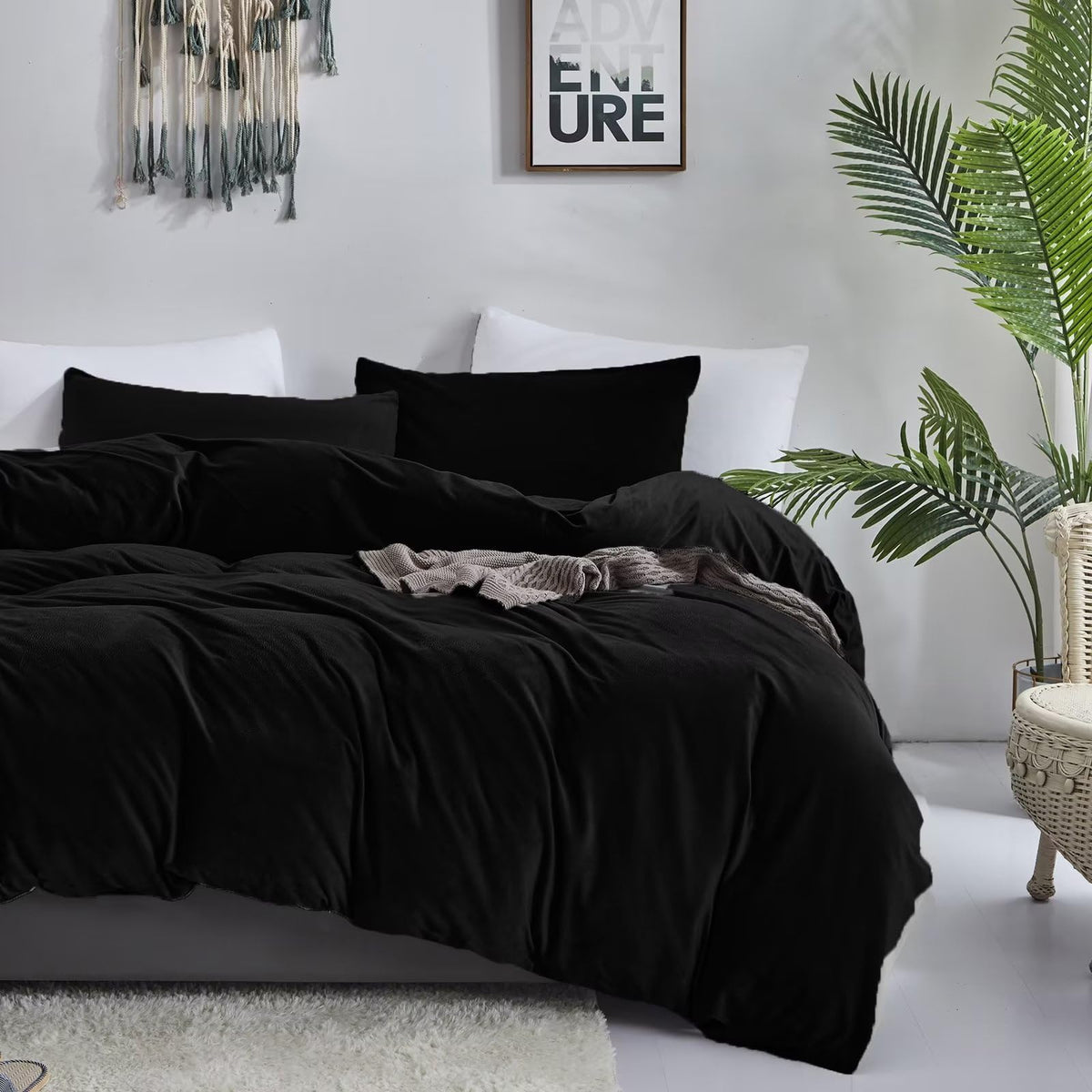 Black Velvet Comforter Set Plush Fluffy Black Flannel Bedding Set Bedding Set Heavyweight Blanket Quilts Modern