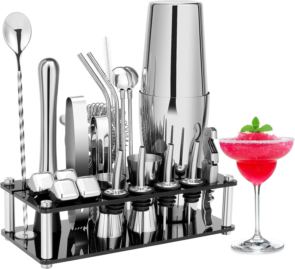 Cocktail Shaker Set, Bartender Kit with Stand Silver - Set of 23