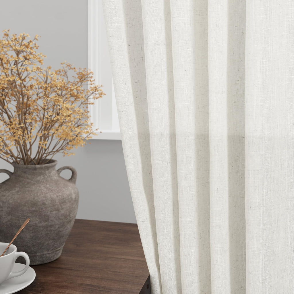 Beige White Linen Curtains 96 Inches Long 2 Panels Set Bedroom Back Tab Rod Pocket Semi Sheer Light Filtering Drape