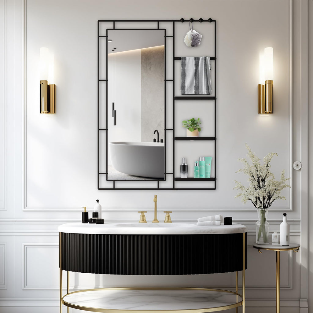 43" X 30" Black Wall Mounted Mirror for Wall, Full Length Mirror with Shelf and Hooks, Large Wall Mirror with Metal