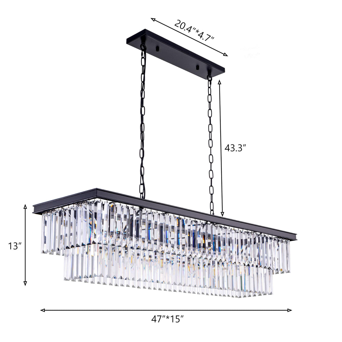 Crystal Chandelier 47-inch, 11-Light Modern Rectangular Black Chandelier Ceiling Hanging, Linear Chandeliers Light