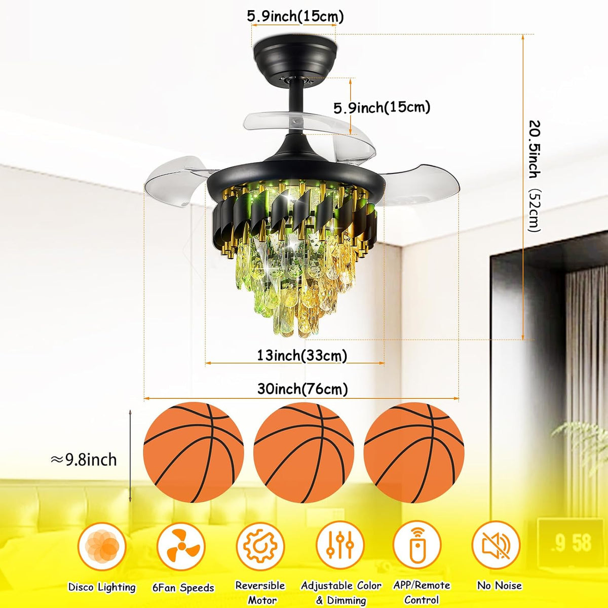 30" Crystal Retractable Ceiling Fan with Light & Remote