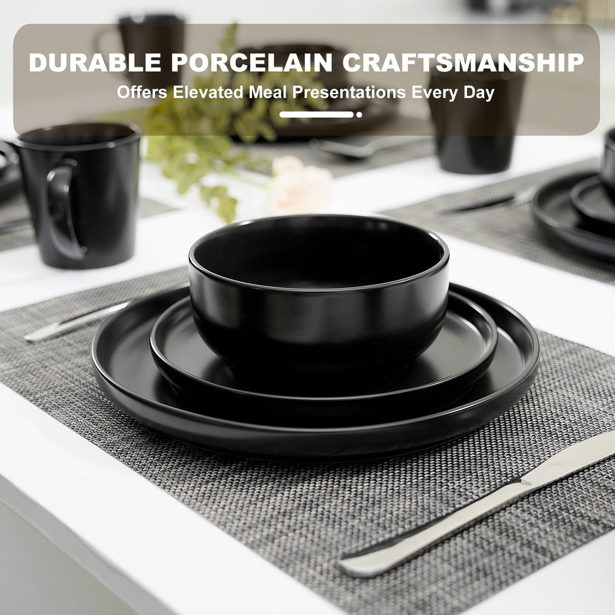 16-Piece Ceramic Dinnerware Sets with Mugs for 4, Black Plates and Bowls Set with Classic Design, Scratch Resistant