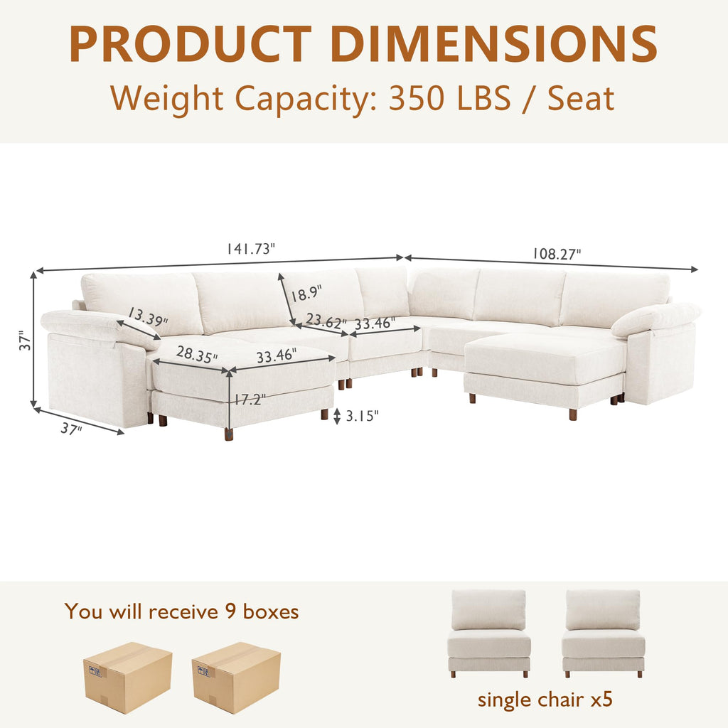 141'' Oversized L Shape Modular Cloud Sectional Sofa, Deep Seat Sofa, Beige