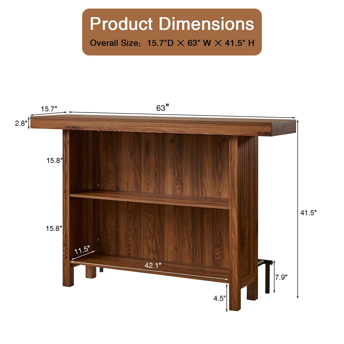 63-Inch 2-Tier Bar Table with Footrest, Walnut