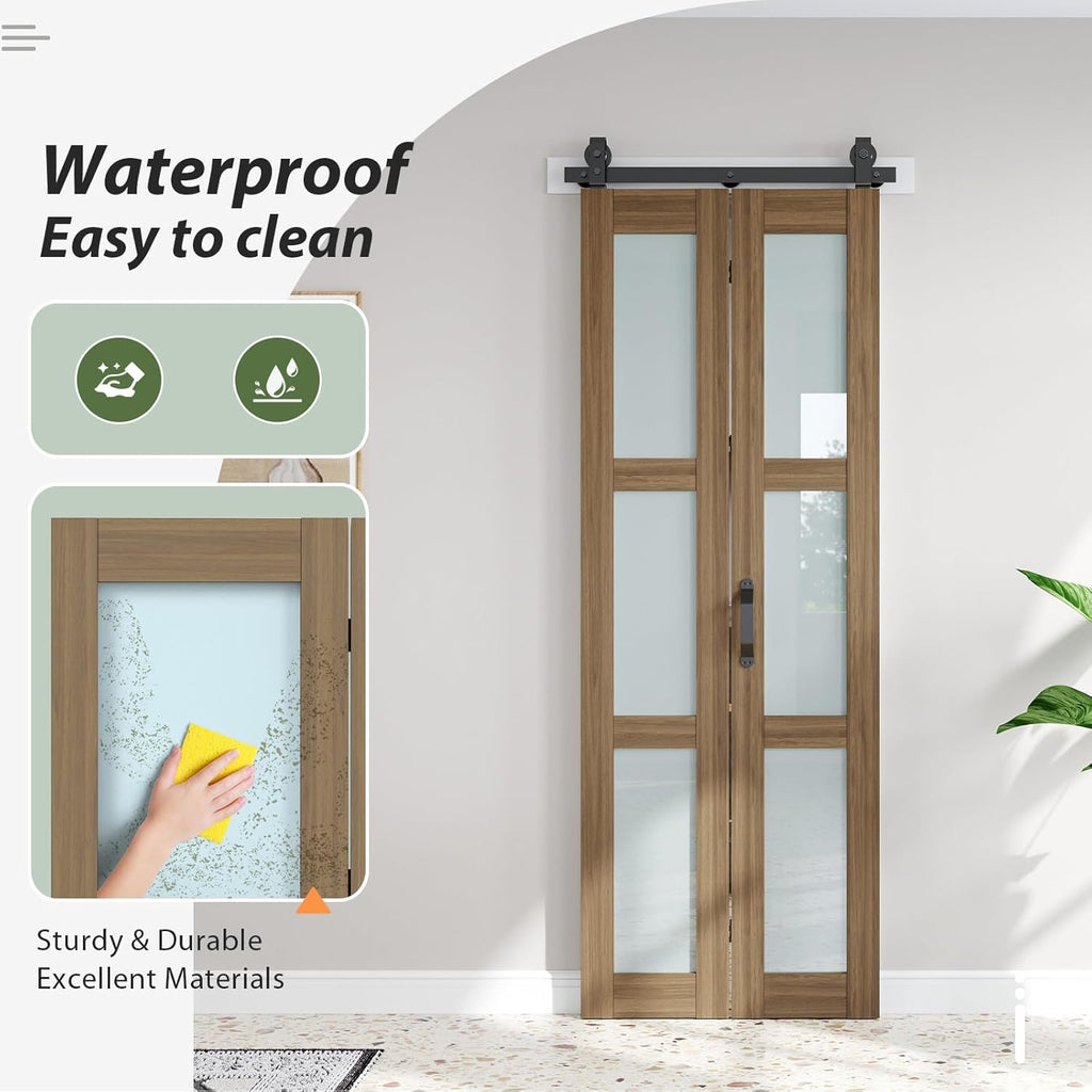Bifold Barn Doors 30X84 (Double 15x84) with Frosted Glass and Hardware Kit Included, Brown,for Bedroom,Bathroom