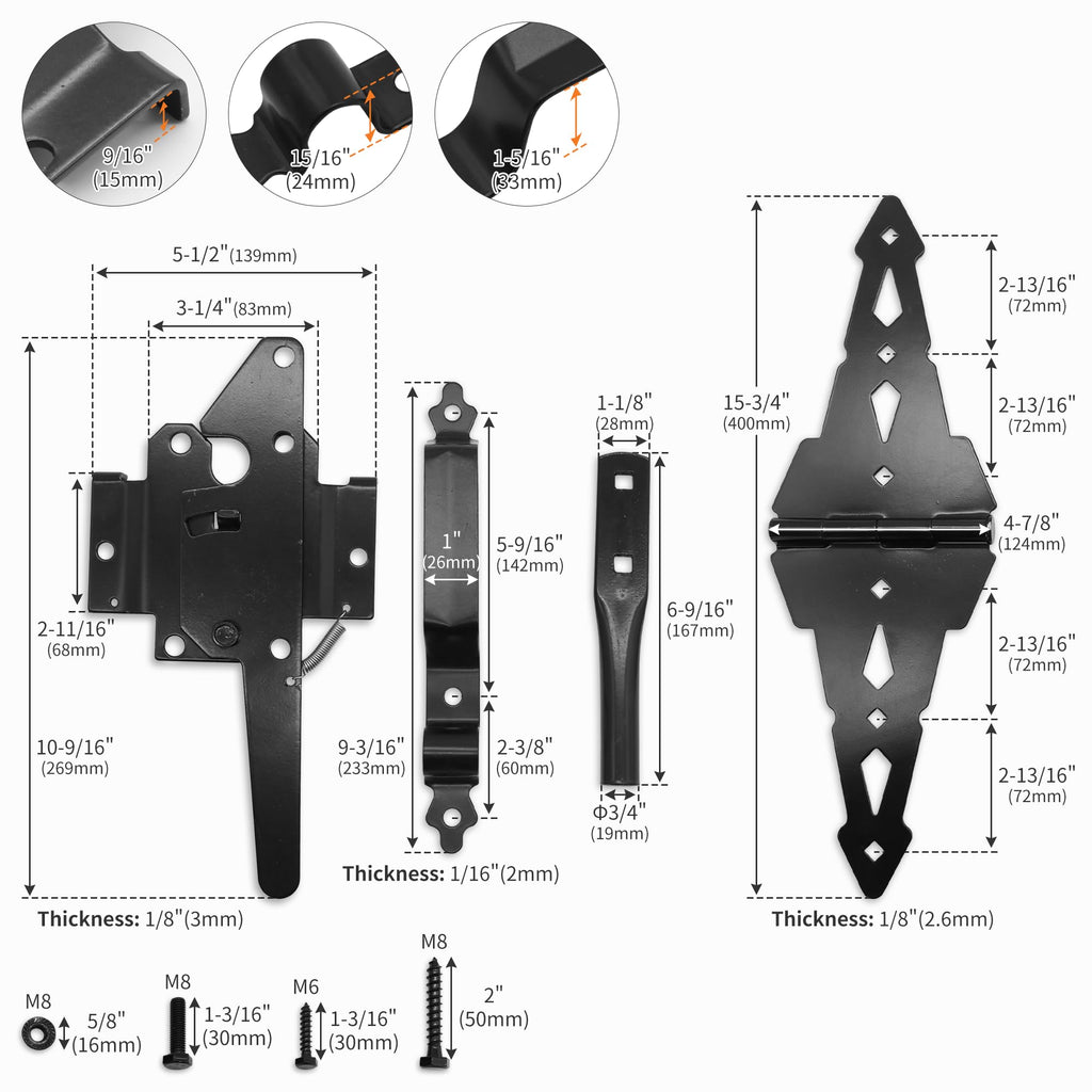 8" Heavy Duty Decorative Strap Hinges and Spring Loaded Latch Kit with Screws for Outdoor Fence Swing Gate Black