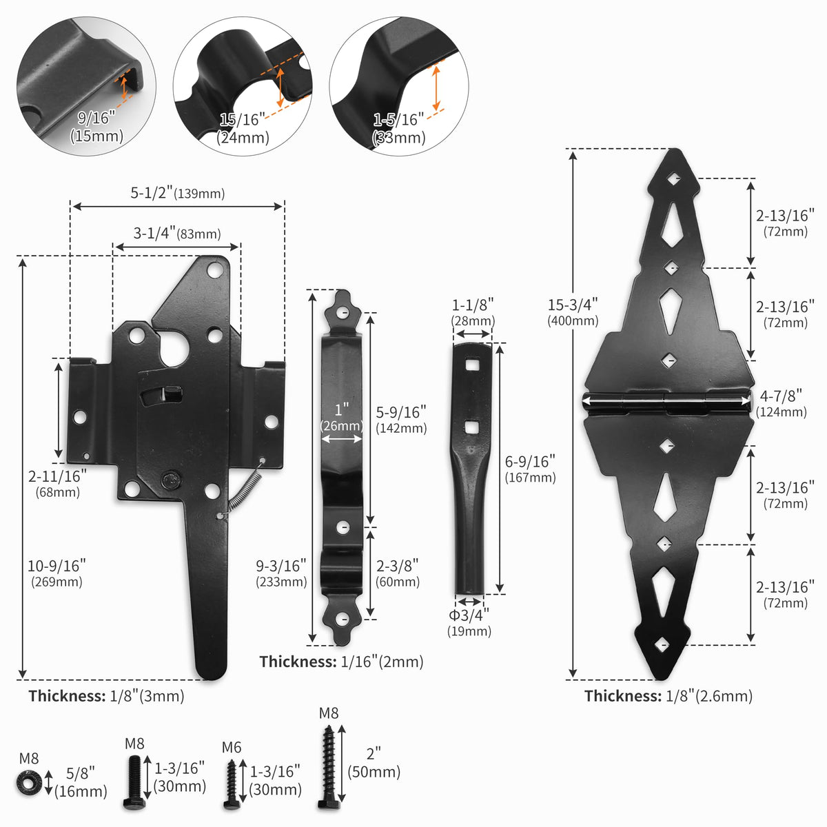 8" Heavy Duty Decorative Strap Hinges and Spring Loaded Latch Kit with Screws for Outdoor Fence Swing Gate Black