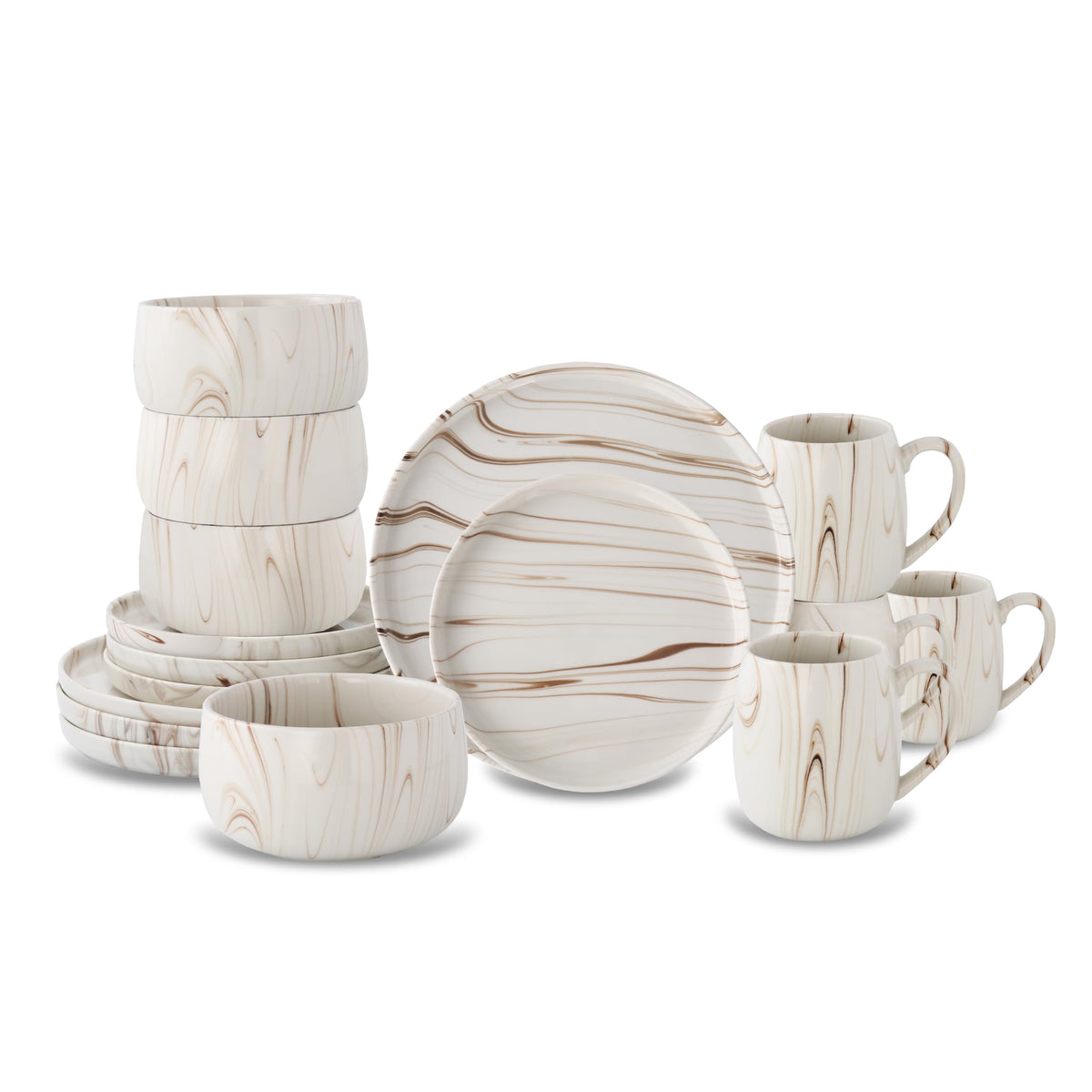 Marble Pattern Dinnerware Set, 16 Piece Ceramic Dishes and Mugs, Modern Swirl Design, Beige and Brown