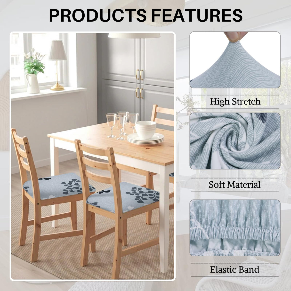 Water Repellent Seat Covers for Dining Chairs, 4 Pack Jacquard Stretch Dining Room Chair Seat Covers, Kitchen Chair