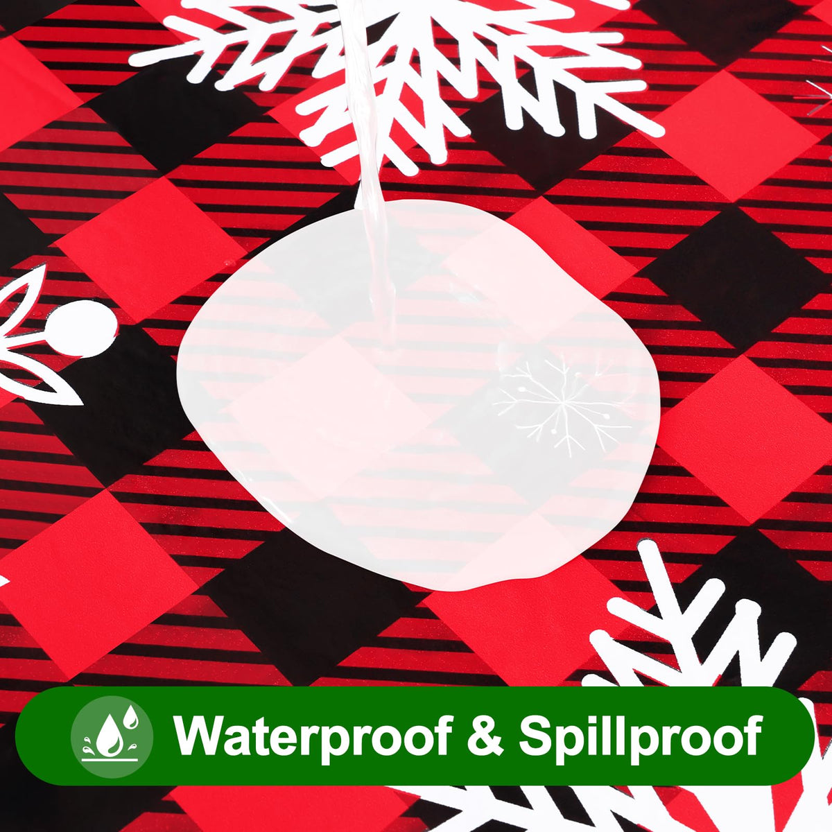 Christmas Rectangle Table Cloth, Waterproof Vinyl Tablecloth with Flannel Backing, Wipeable Bufflo Checked Snowflake