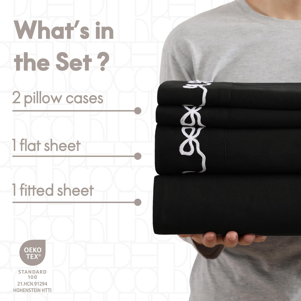 Embroidered 4-Piece Microfiber Sheet Set, Bow Black