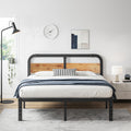Full Size Metal Bed Frame with Solid Wooden Headboard, Country Style Bed Platform, 14 Inch High Heavy Duty Steel