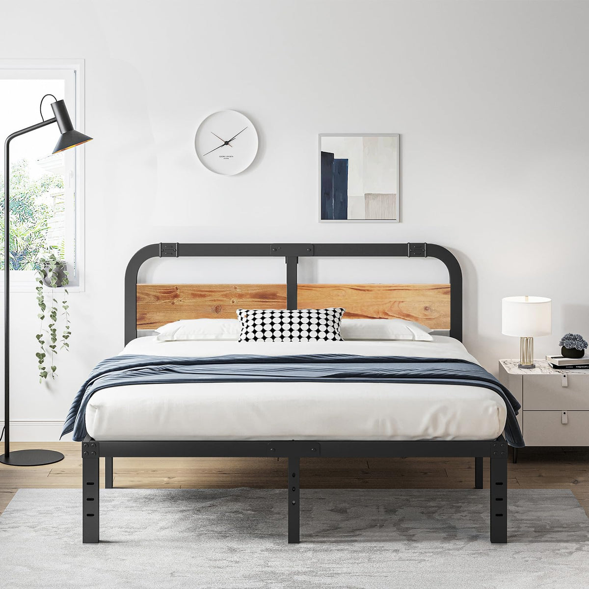 Full Size Metal Bed Frame with Solid Wooden Headboard, Country Style Bed Platform, 14 Inch High Heavy Duty Steel