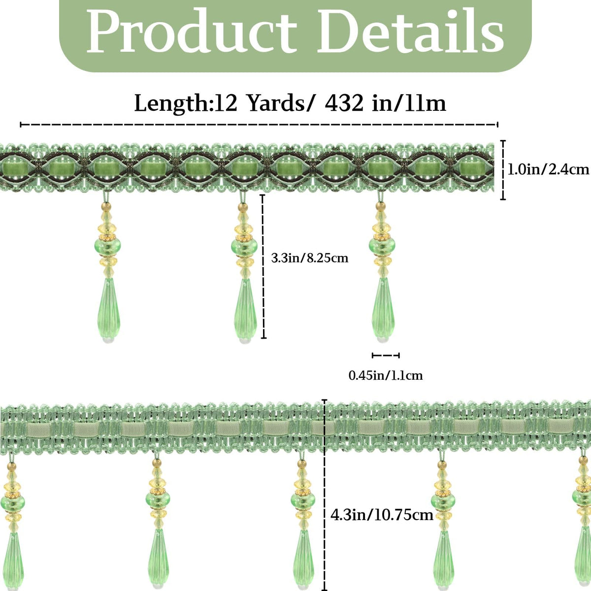 Green Beaded Fringe Trim Crystal Beaded Tassel - 12 Yards