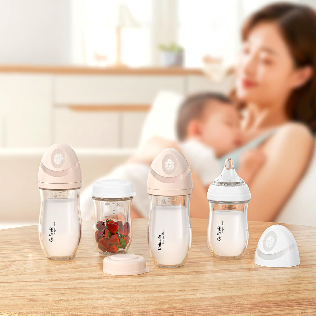 Natural Glass Baby Bottle 4 Pack, Newborn Breastfeeding Bottles Set, Extra Slow Flow Nipples (SS), Anti Colic, 0