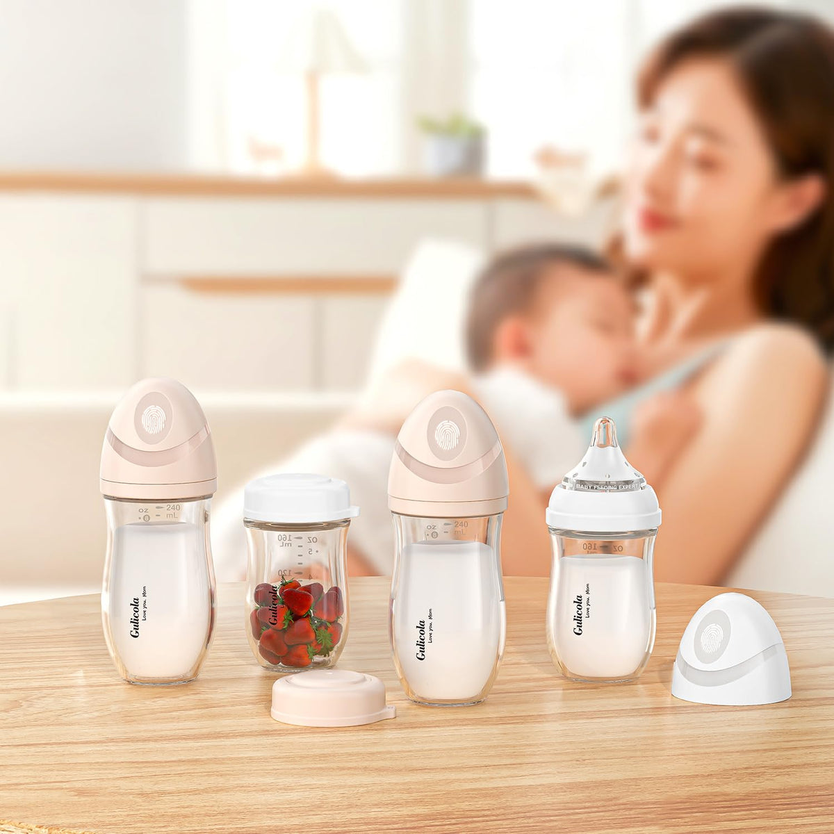 Natural Glass Baby Bottle 4 Pack, Newborn Breastfeeding Bottles Set, Extra Slow Flow Nipples (SS), Anti Colic, 0