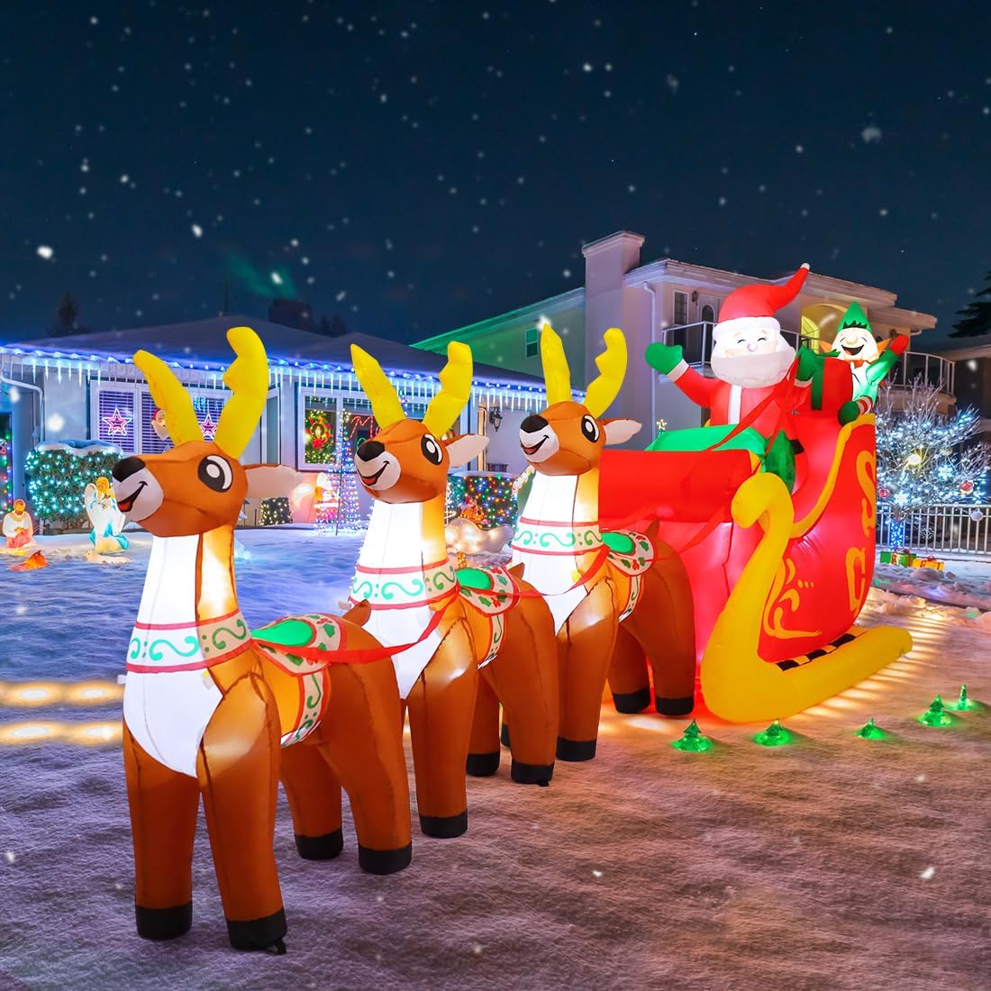 12 Ft Christmas Inflatable Reindeer cart Outdoor Decorations Blow Up Yard Three Deer Pulling a Sleigh and Santa Claus