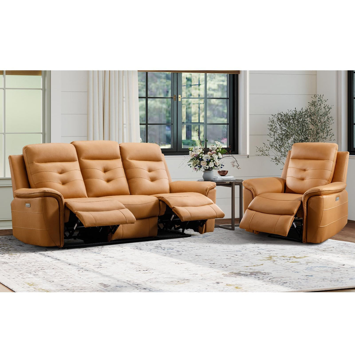 2 Piece Power Faux Leather Recliner Sofa Set, Reclining Living Room Furniture Set, Included Recliner Chair and 3 Seat