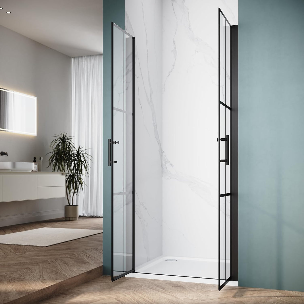 Double Pivot Shower Door 36" W x 75" H, Black Grid Shower Glass Door, 1/4" Tempered Glass, Semi-Frameless Shower Door