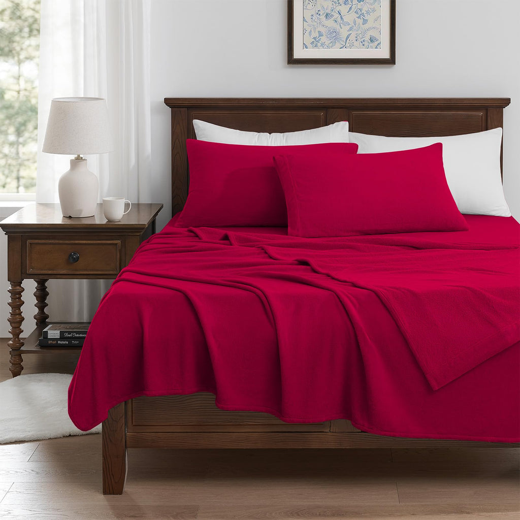 Flannel Fleece Sheet Set Red-Ultra Soft Anti-Static Plush Bedding, 4 Piece(1 Fitted Sheet80×78"×16", 1 Flat